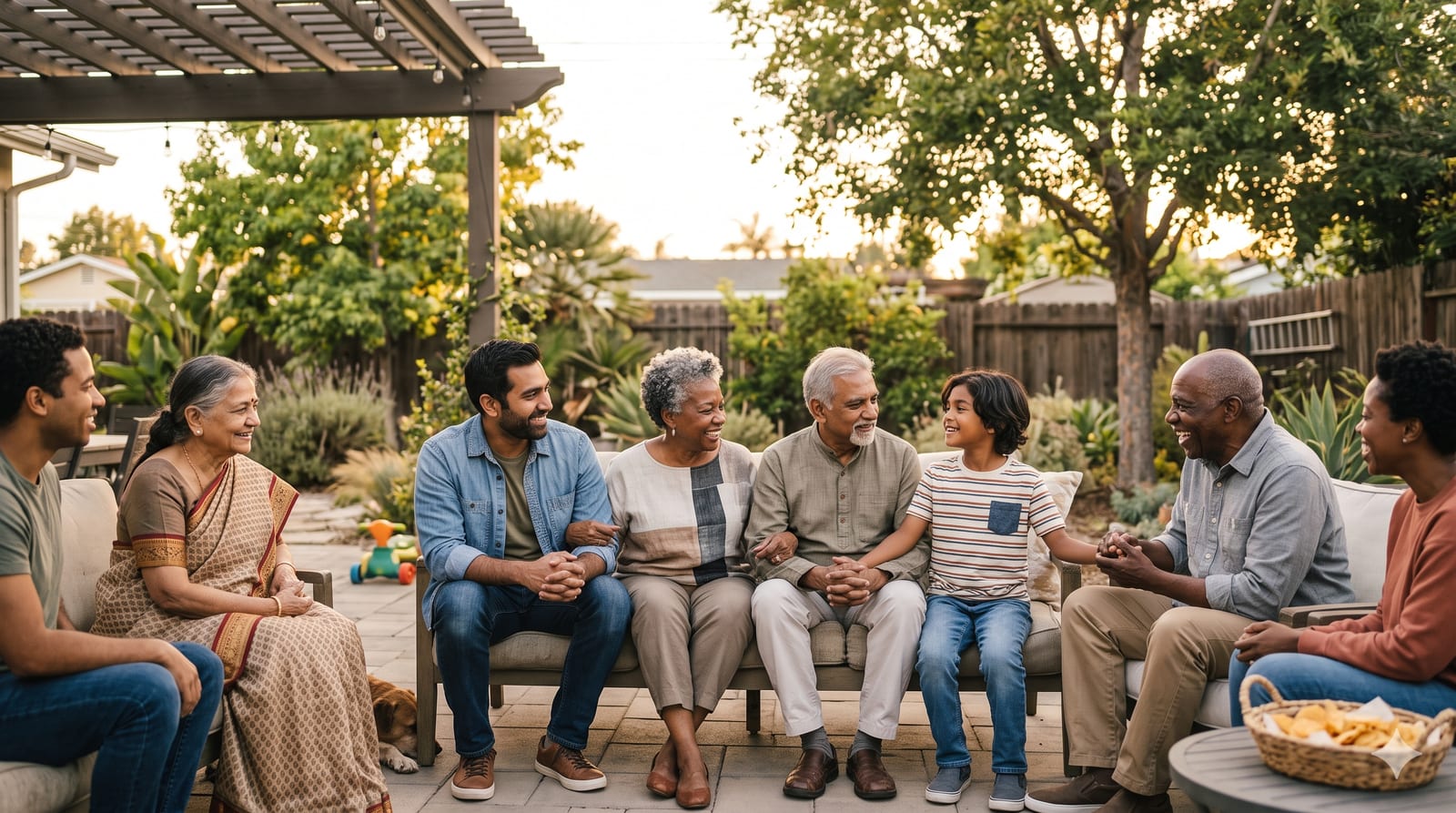 Parents and a young child together at home, a warm sense of long-term security.
