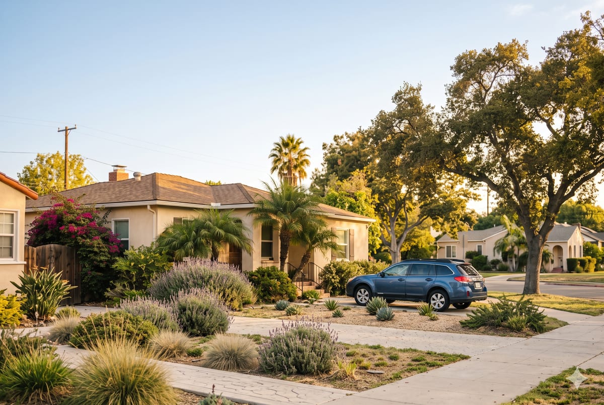 A well-kept California home with cleared defensible space under a calm, clear sky.