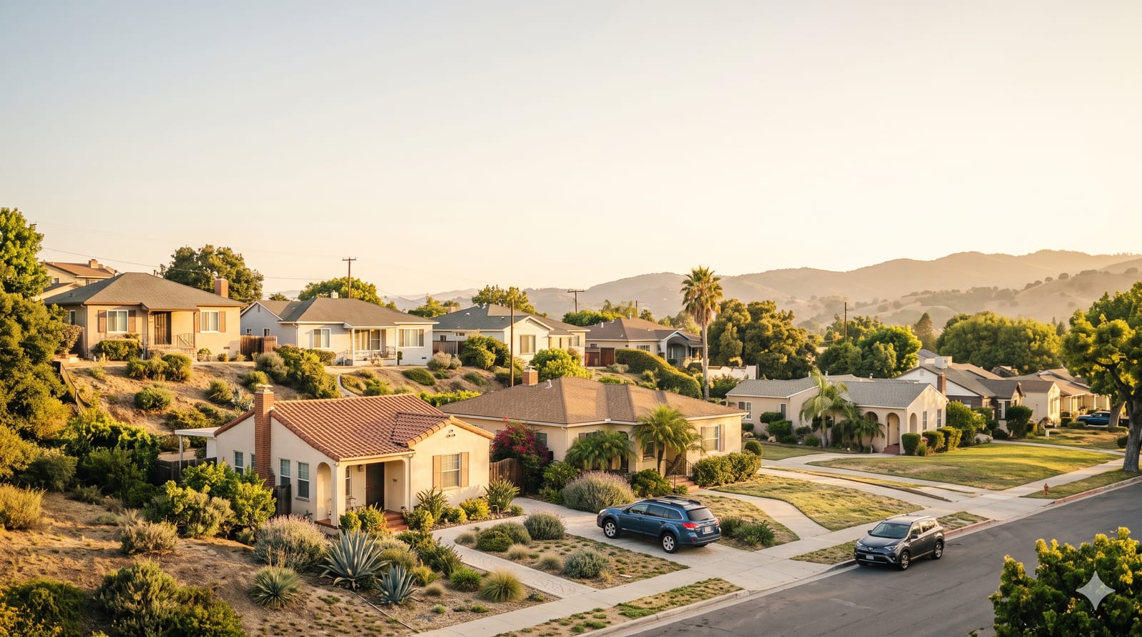 A well-kept California home with cleared defensible space under a calm, clear sky.