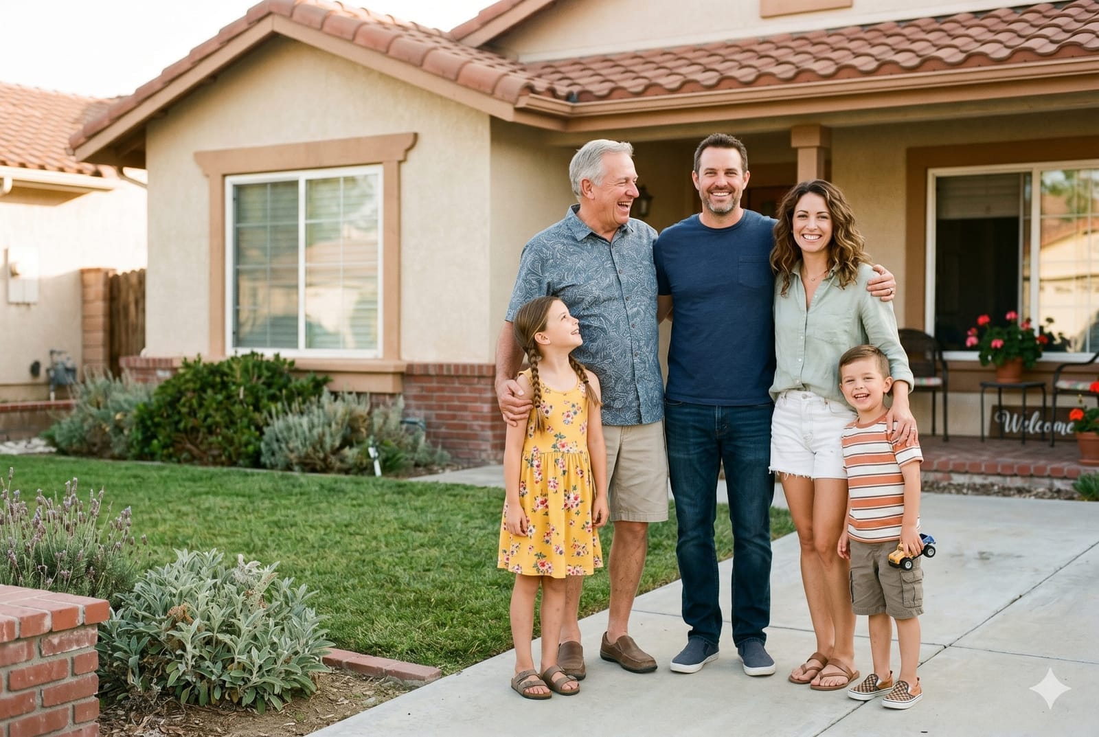 A happy California family standing together in front of their home.